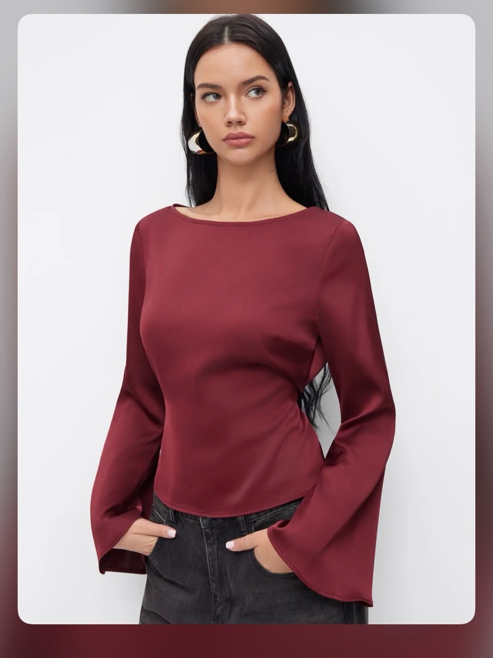 SATIN BOAT NECK BELL SLEEVE BLOUSE S